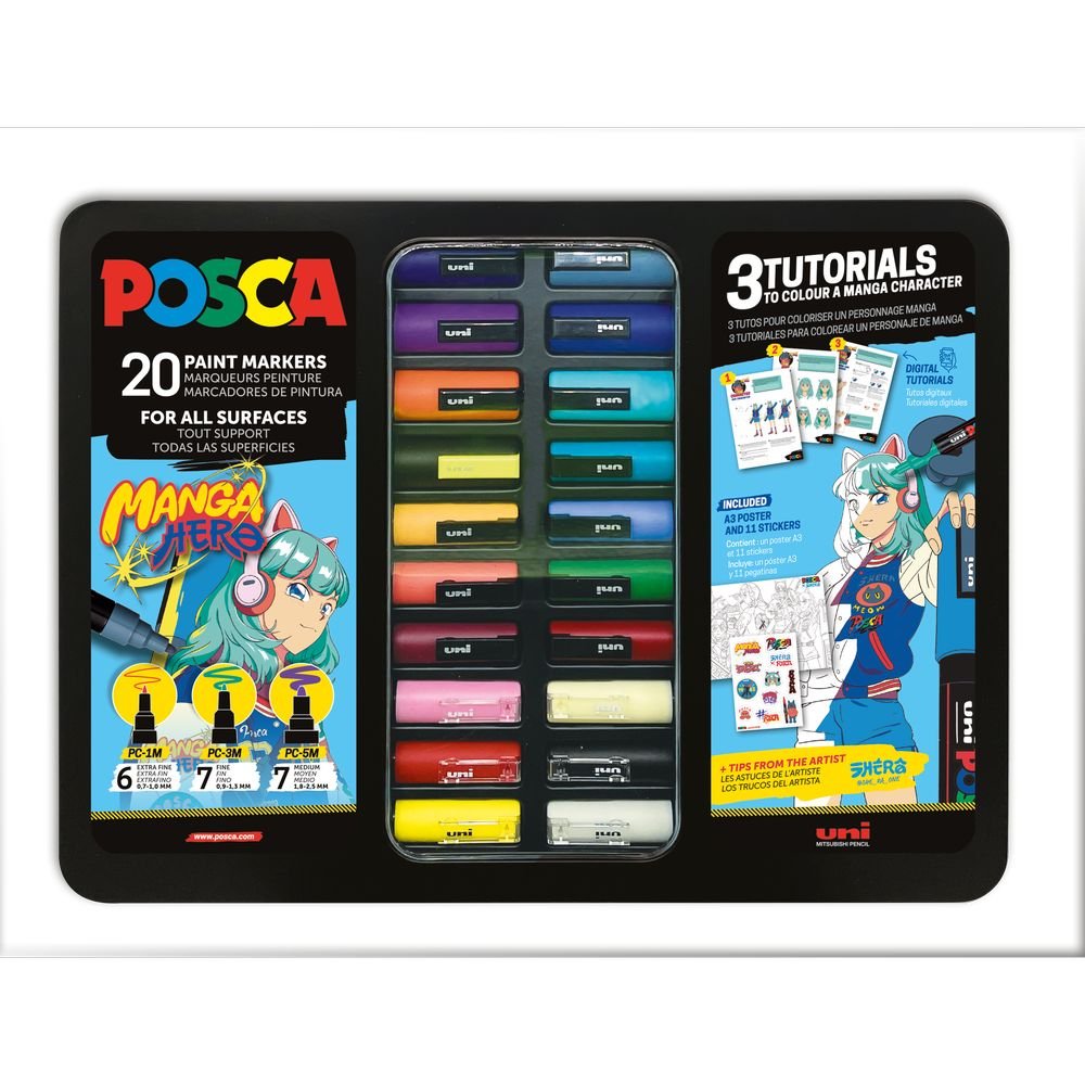 Maleta 20 rotuladores Posca caja metálica Manga Hero