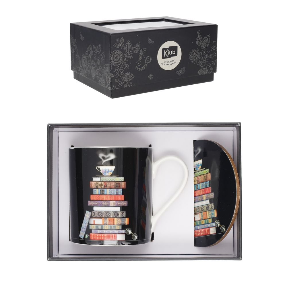 JUEGO TAZA + PLATO CAFE PILA DE LIBROS + CAJA REGALO | KIUB | 1 UNIDAD | 3701763901210