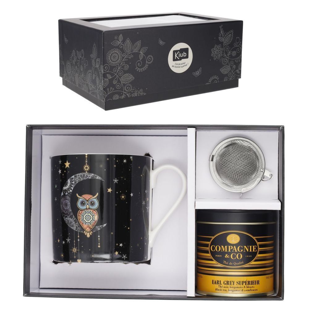 Juego Taza Búho 425 ml con Infusor, Lata de Té y Caja Regalo KIUB
