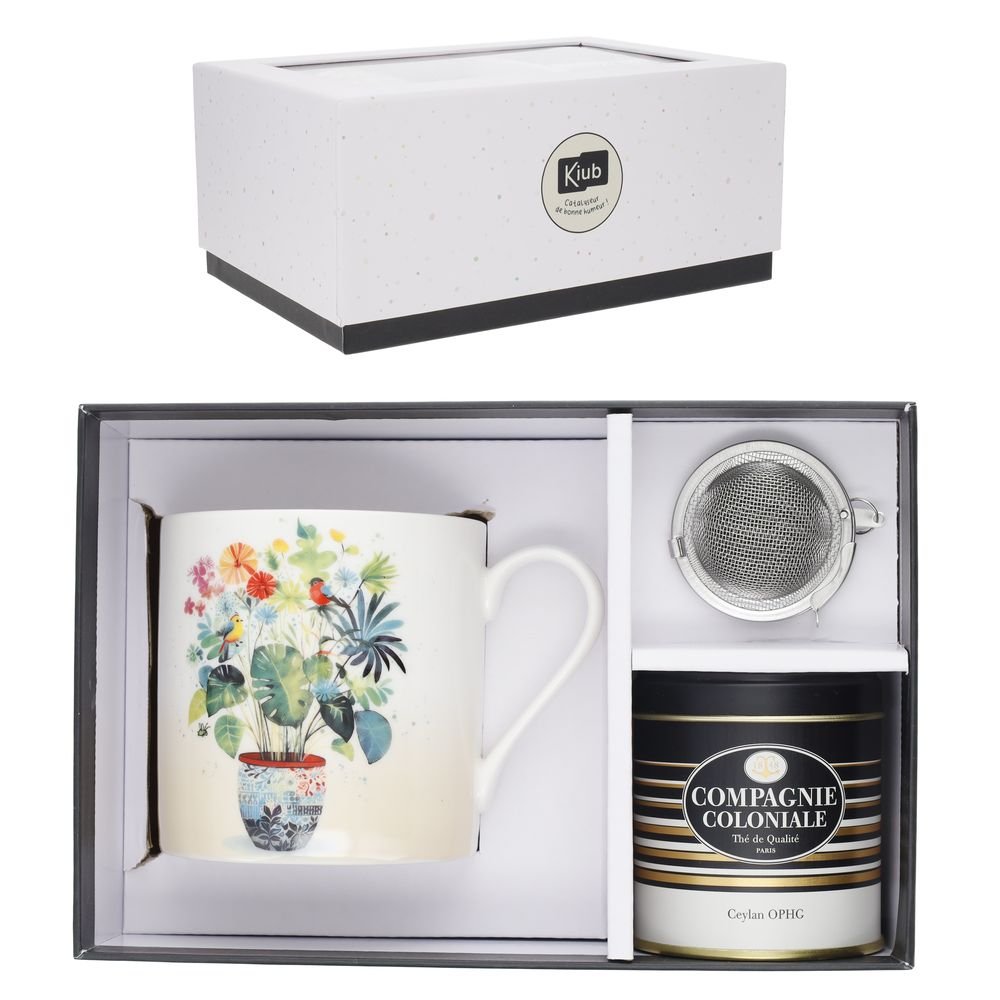 Juego Taza Maceta 425ml con Infusor Lata de Té y Caja Regalo KIUB
