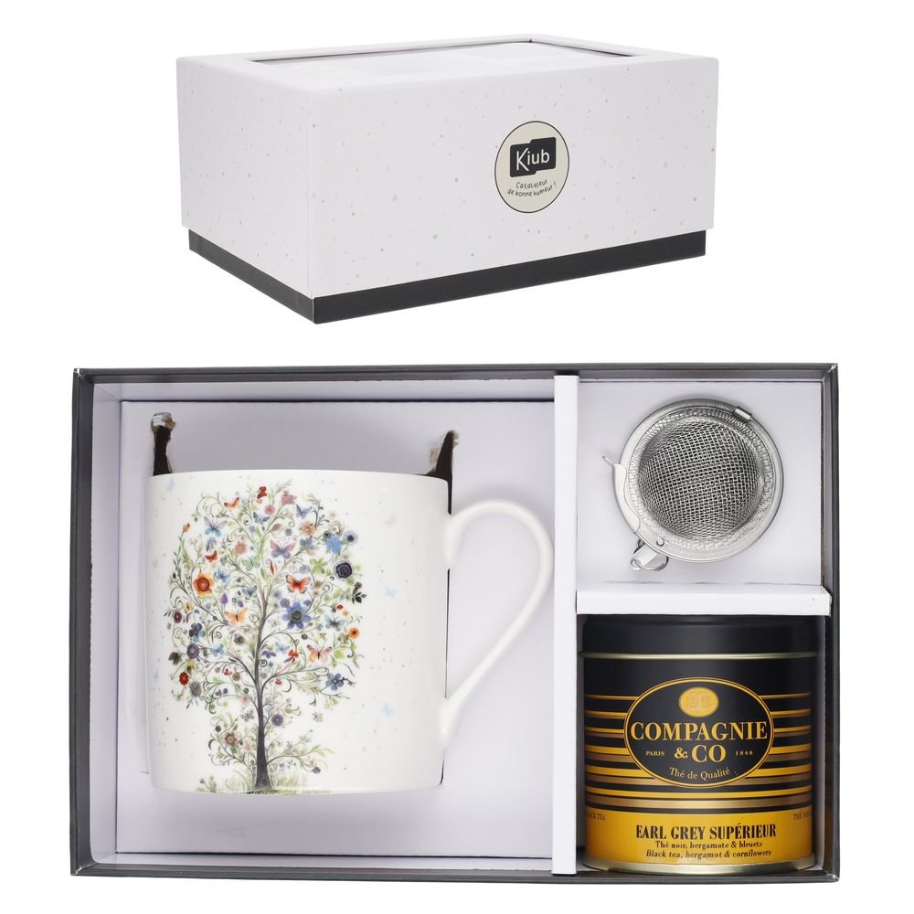 Juego Taza Mariposas 425ml con Infusor y Lata Te Marca Kiub