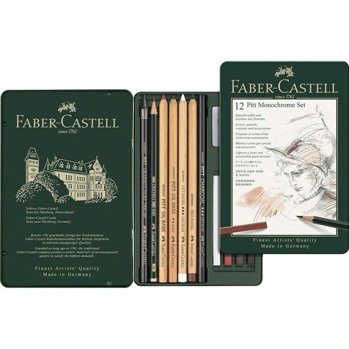 Set Faber Castell Pitt Monochrome 12 piezas estuche metal