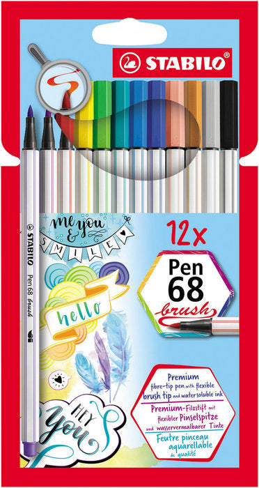 Estuche 12 Colores Stabilo Pen 68 Brush Punta Pincel Colores Surtidos