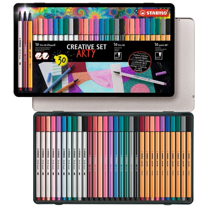 Estuche metal 30 colores Stabilo 10 Pen 68 10 Point 88 y 10 Pen 68 brush