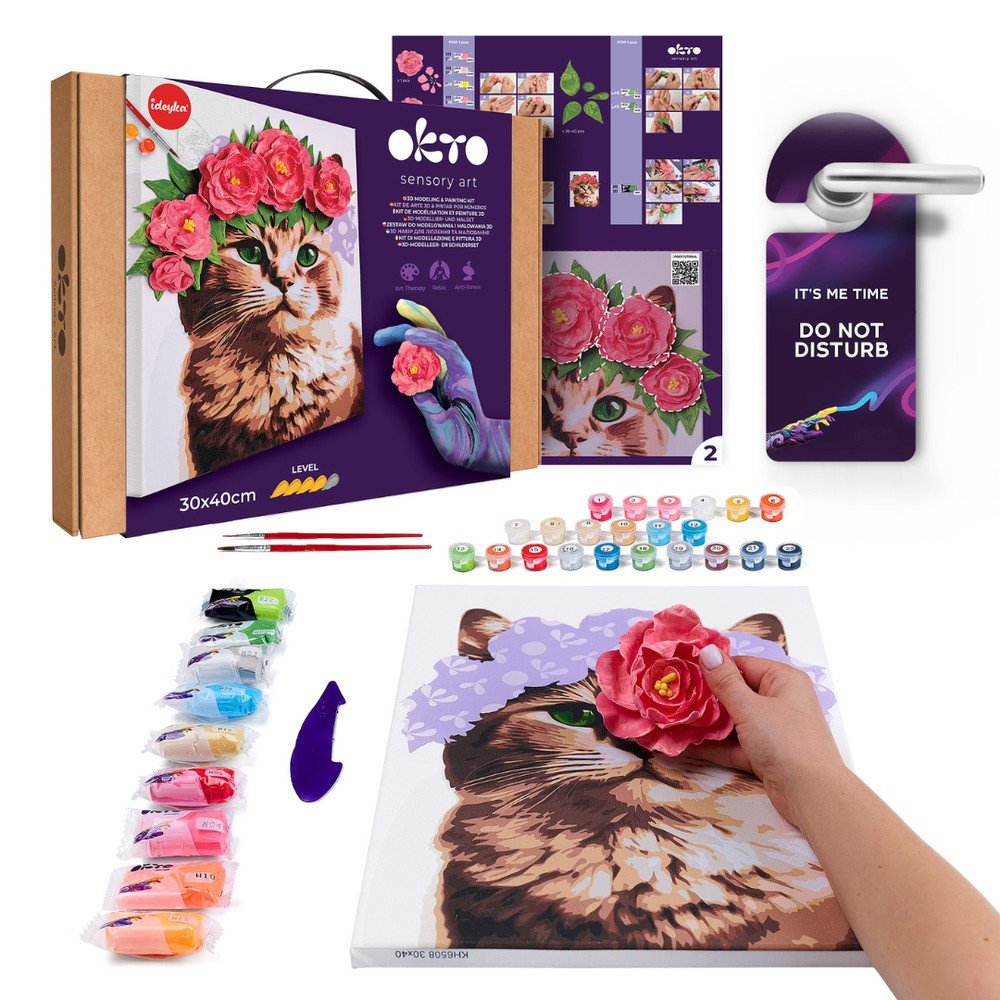 Kit 3D Pintar por Números Gato con Flores OKYO