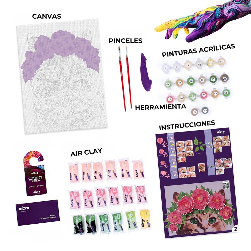 Kit 3D Pintar por Números Gato con Flores OKYO