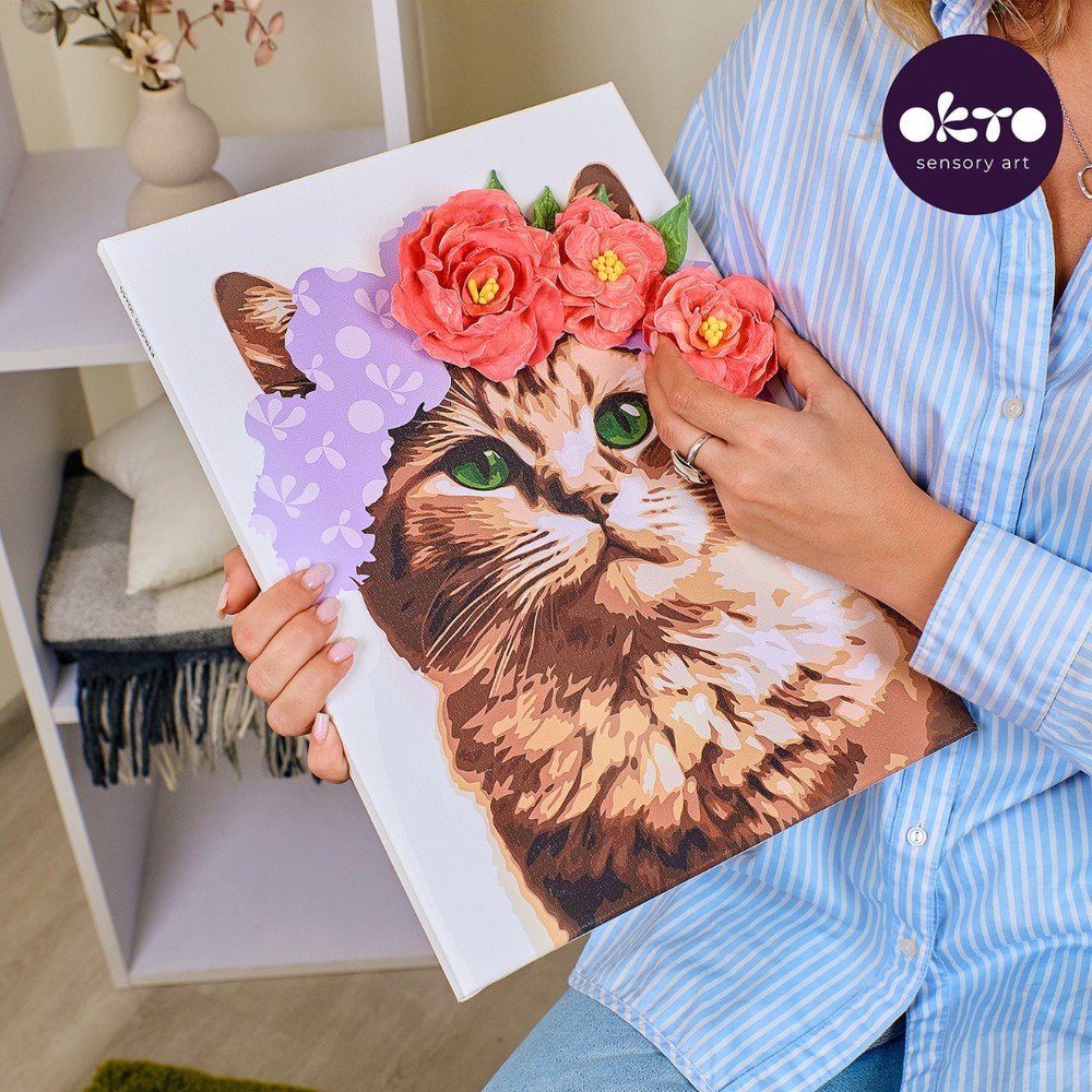 Kit 3D Pintar por Números Gato con Flores OKYO