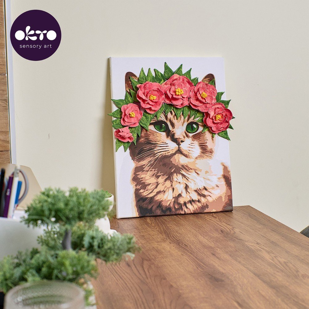 Kit 3D Pintar por Números Gato con Flores OKYO