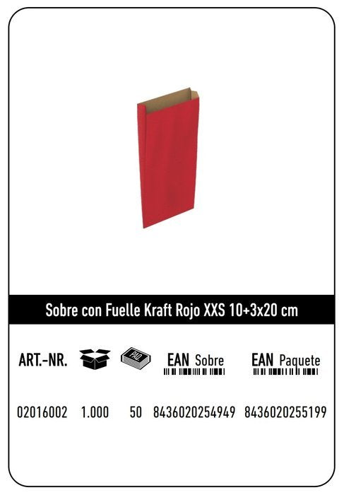 SOBRE KRAFT XXS 10+3X20 ROJO CAJA 576 UNIDADES | 576 UNIDADES | (ANDINA)