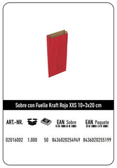 SOBRE KRAFT XXS 10+3X20 ROJO CAJA 576 UNIDADES | 576 UNIDADES | (ANDINA)