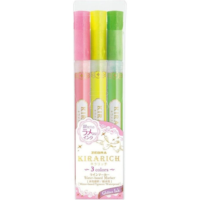 Rotulador Zebra Kirarich Glitter 3 Colores Surtidos | Zebra Pen | Pack 1 Unidades Imagen principal del producto