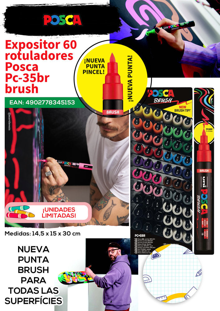 Expositor 60 Rotulador Posca Pc-5Br Brush 16 Colores | Posca | Pack 60 Unidades