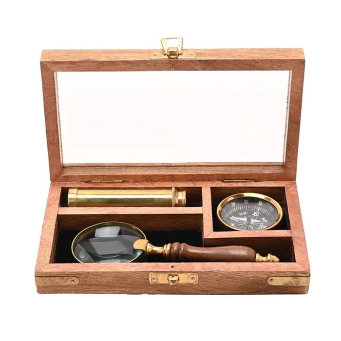 Set lupa, brújula y telescopio en caja de madera WIDDOP