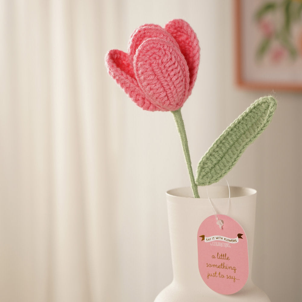 Flor Crochet Tulipán Rosa 35cm, pack de 12 - WIDDOP