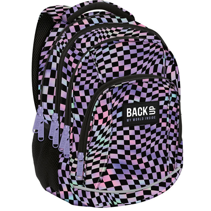 MOCHILA ESCOLAR TRIPLE BACK UP CUADRADOS ROSA Y MORADO | DERFORM Imagen principal del producto