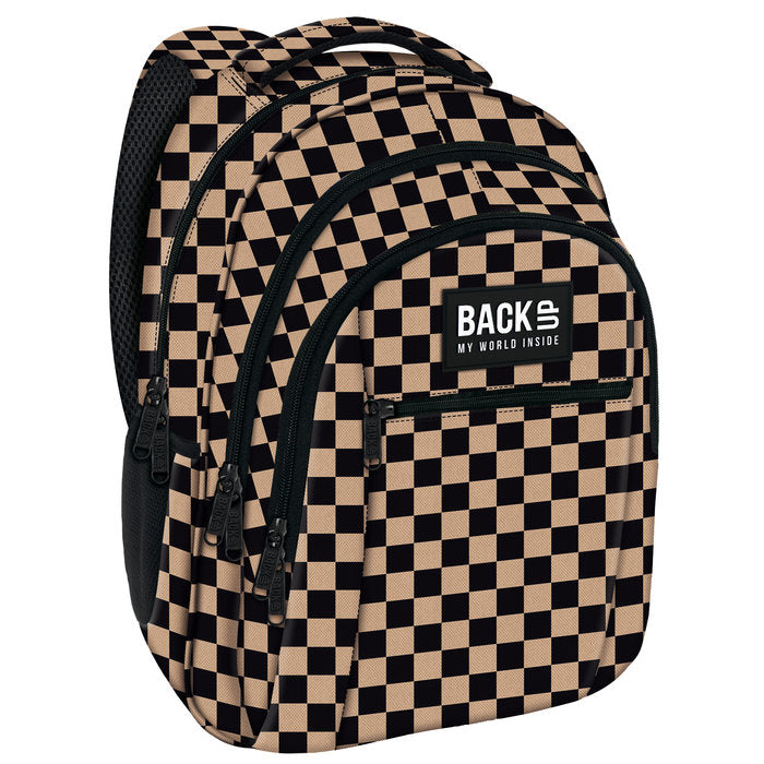 Mochila Triple Escolar Back Up Cuadros Marrón y Negro Marca Derform Imagen principal del producto