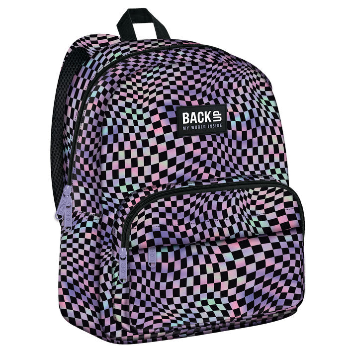 MOCHILA ESCOLAR CON BOLSILLO CUADRADOS ROSAS Y MORADO | DERFORM Imagen principal del producto