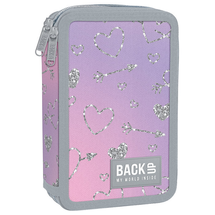 PLUMIER DOBLE CON RELLENO CORAZONES Y FLECHAS PLATEADOS | DERFORM