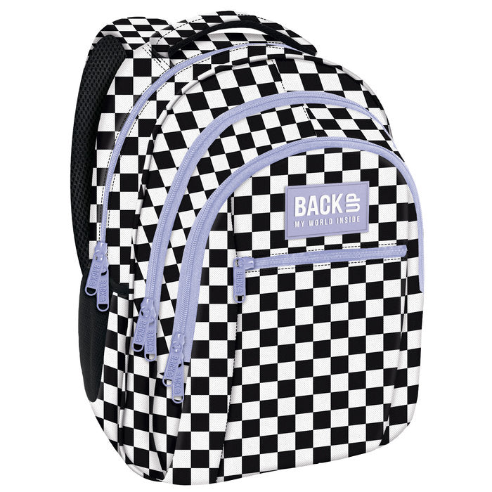 MOCHILA TRIPLE ESCOLAR CUADROS NEGRA Y BLANCA CON LILA | DERFORM