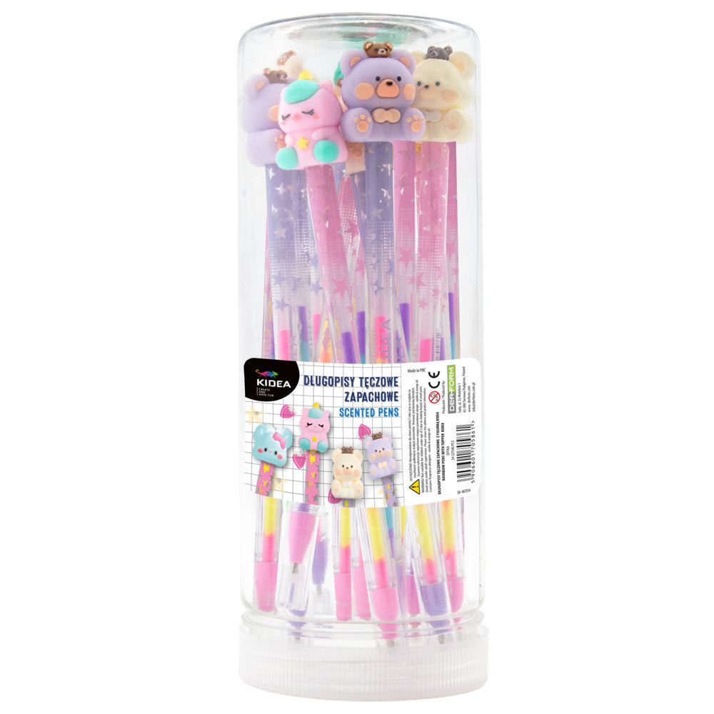 Bote de 24 bolígrafos perfumados arcoiris con topper kawaii KIDEA
