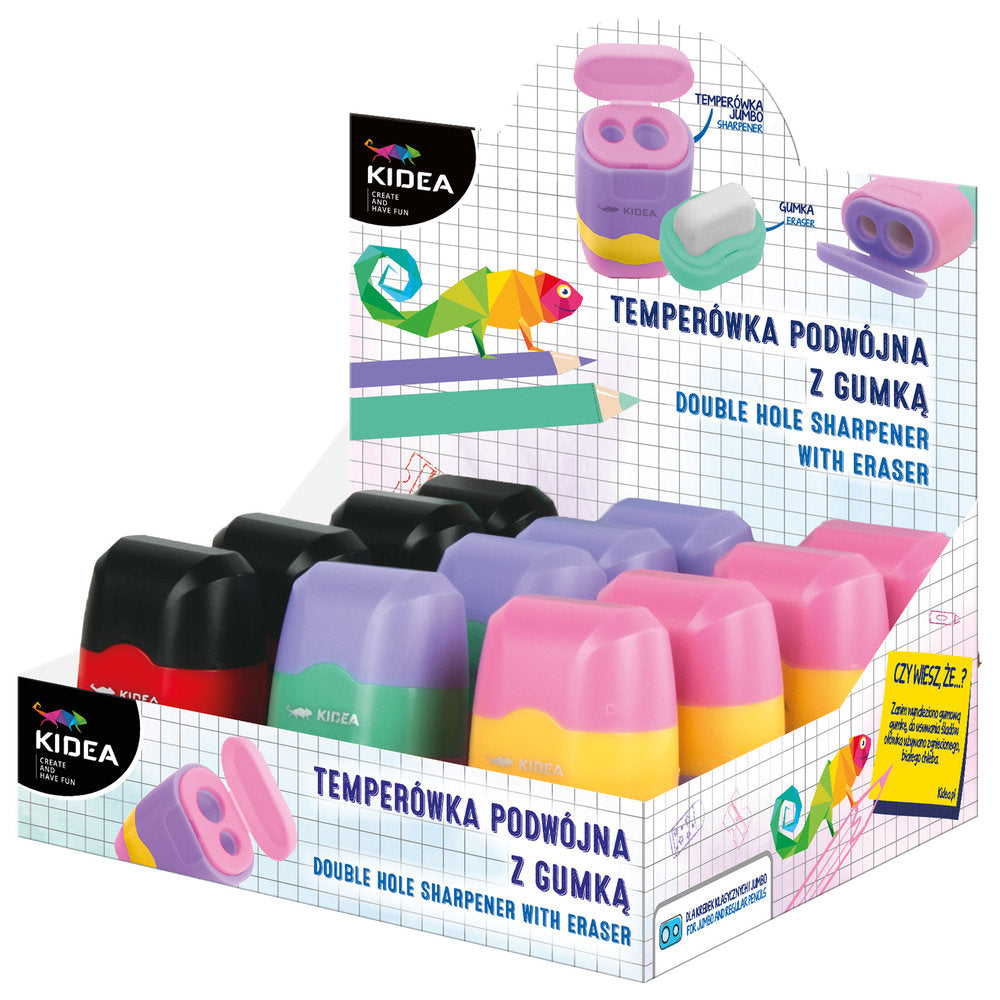 Sacapuntas doble Kidea con goma borrar, pack 12 uds.