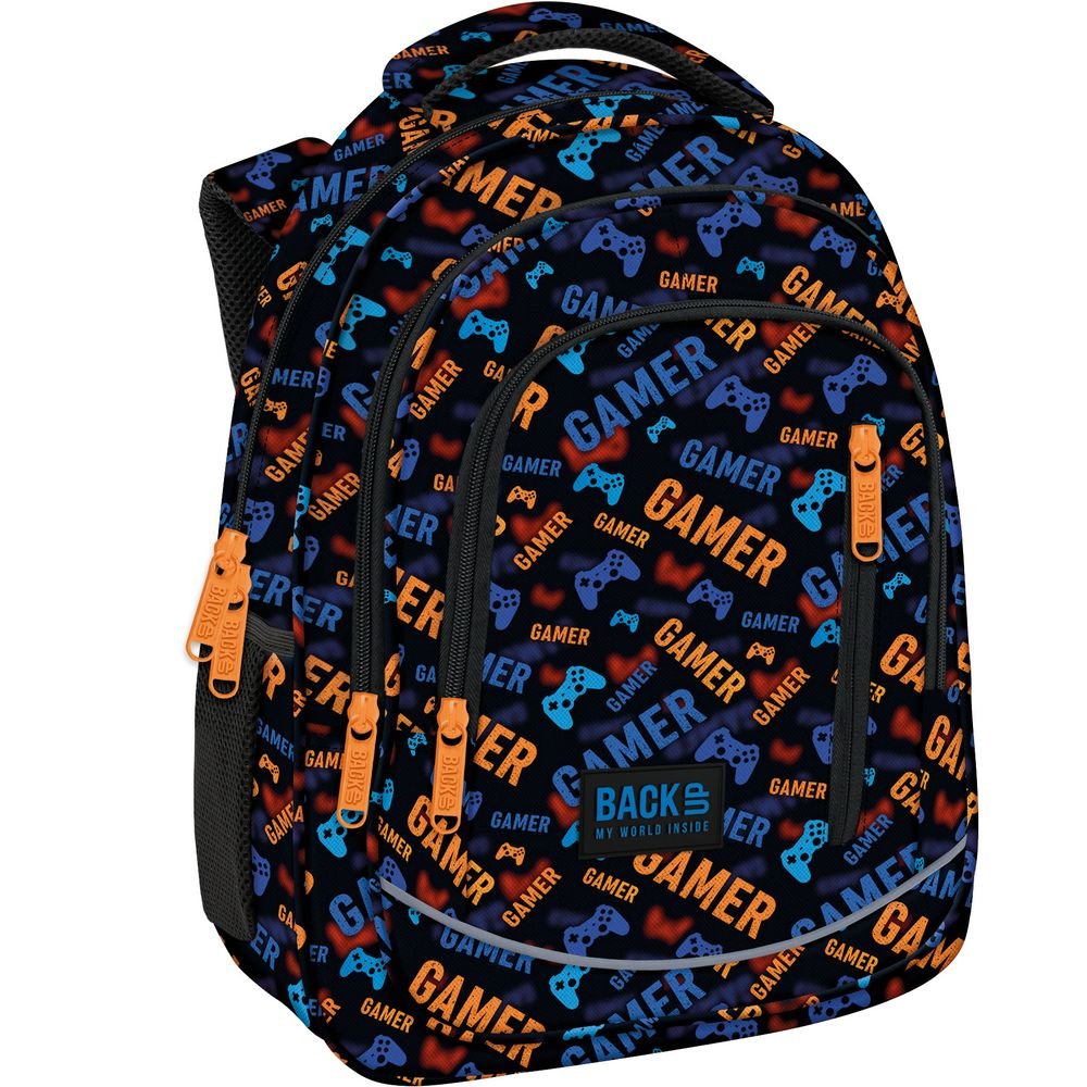 Mochila escolar triple estampado gamer azul y naranja DERFORM