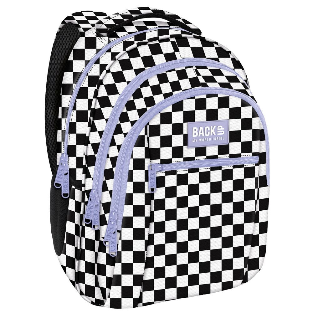 Mochila escolar triple 42x30 cuadros negro blanco lila Derform Imagen principal del producto