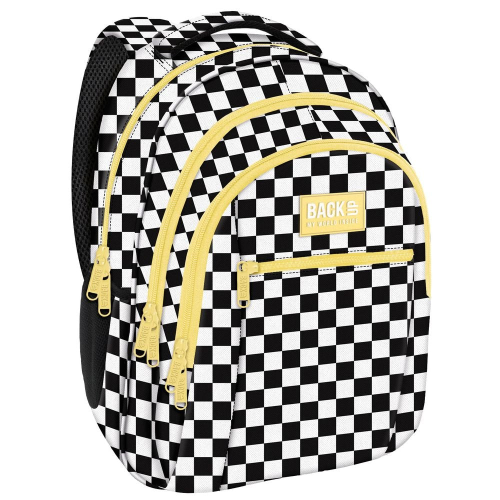 Mochila escolar triple 42x30 cuadros negro/blanco/amarillo DERFORM