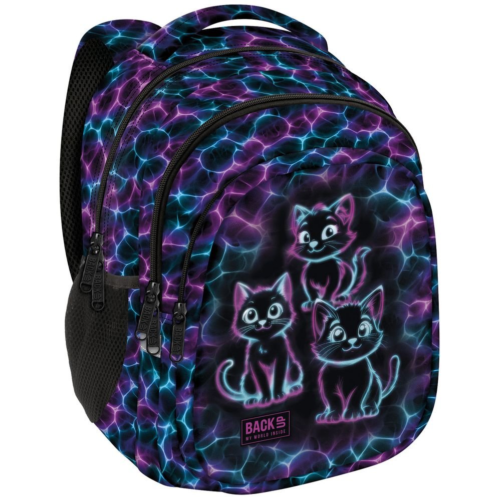 Mochila escolar doble estampado reflejos neon azul rosa DERFORM