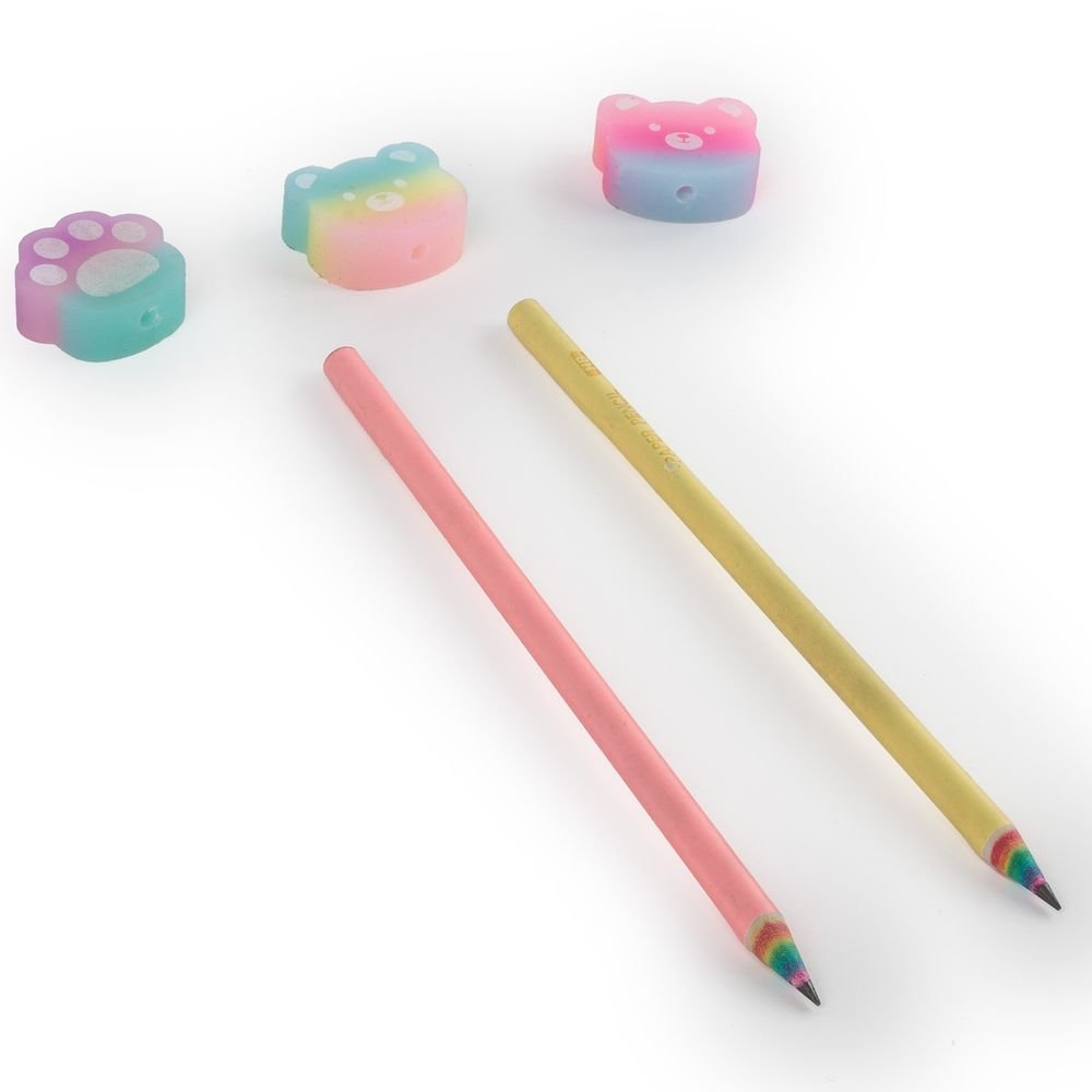 Set 2 lápices + 3 gomas aromáticas Capibara Arcoíris x12