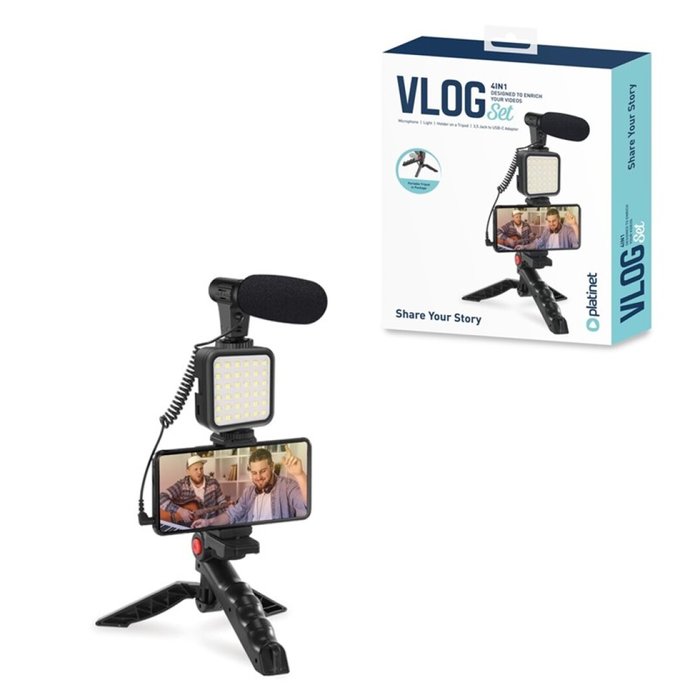 Kit Video Blogger 4 en 1 Mic Luz Led Soporte Trípode VINI Trading S.L.