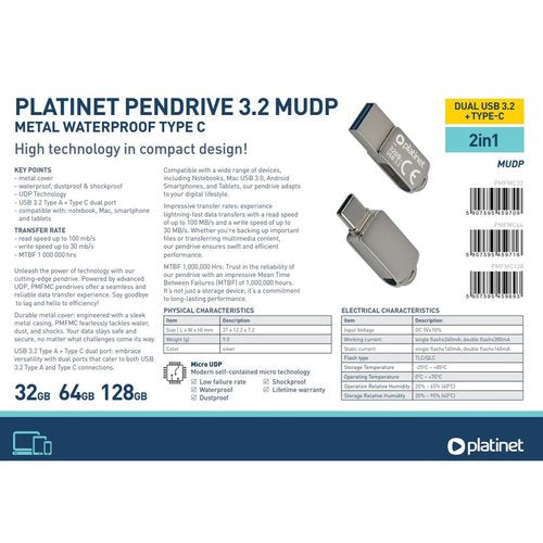 Pendrive USB 3.2 2 en 1 32 GB Metal Platinet