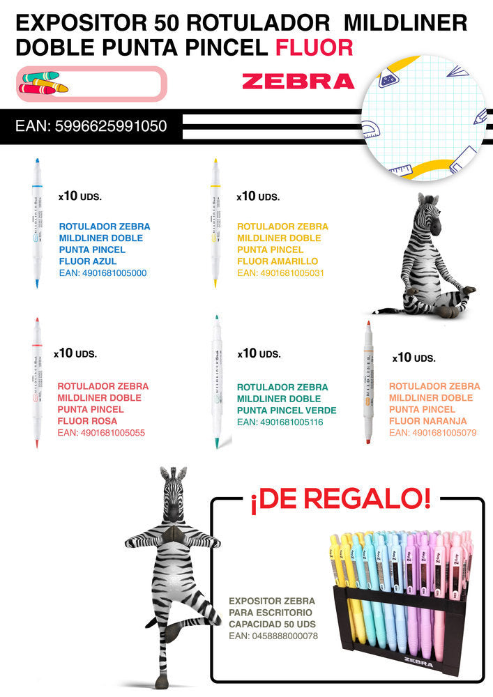 Expositor 50 Rotulador Mildliner Doble Punta Fluor | Zebra Pen | Pack 50 Unidades