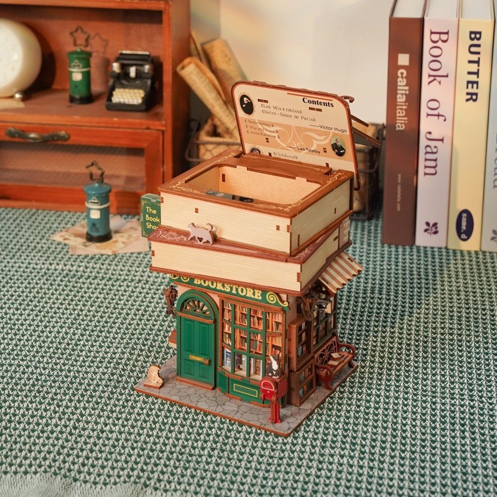 Maqueta librería vintage con luz y compartimento secreto
