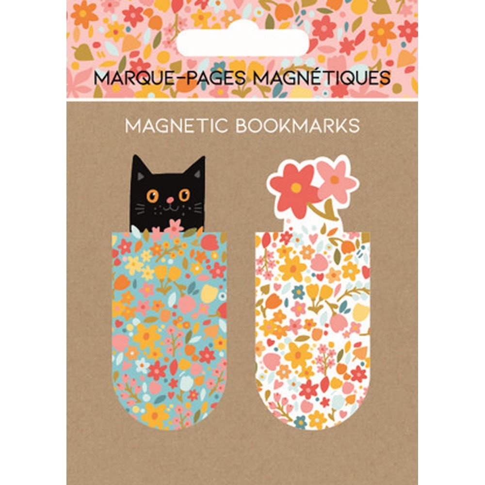 Marcapáginas magnéticos gato negro y flores, pack 6 unidades