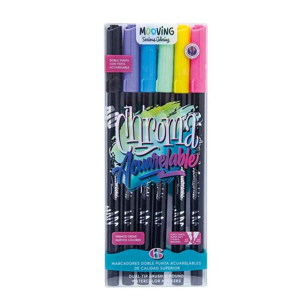 Set 6 Rotuladores Long Doble Punta Pincel Acuarelable MOOVING PAPER Imagen principal del producto