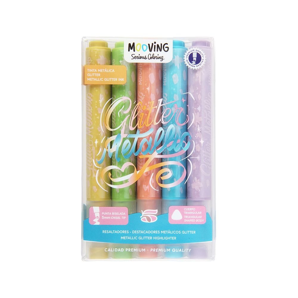 Set 5 Marcadores Colores Metálicos Glitter Punta Biselada Mooving Paper