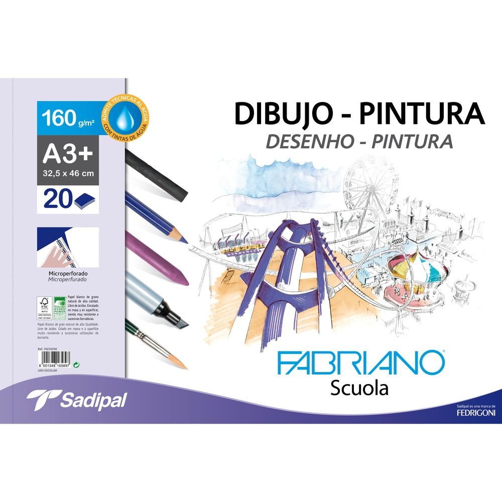 Bloc dibujo espiral tempera-acuarela a3+ 20h 160g. microperforado fabriano Imagen principal del producto