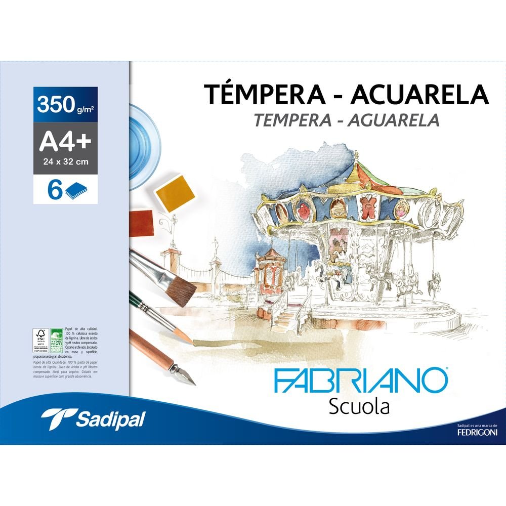 Minipack 6 laminas acuarela a4+ 350g fabriano scuola