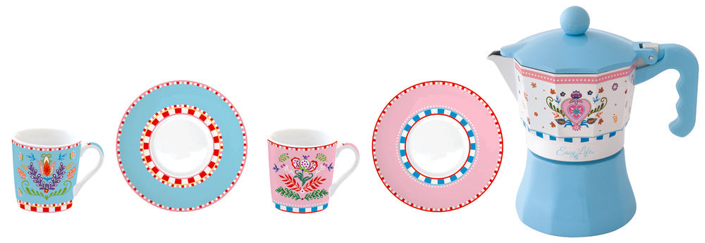 Set 2 Tazas 100 ml y Cafetera Spring Folk Caja Regalo Easy Life Imagen principal del producto