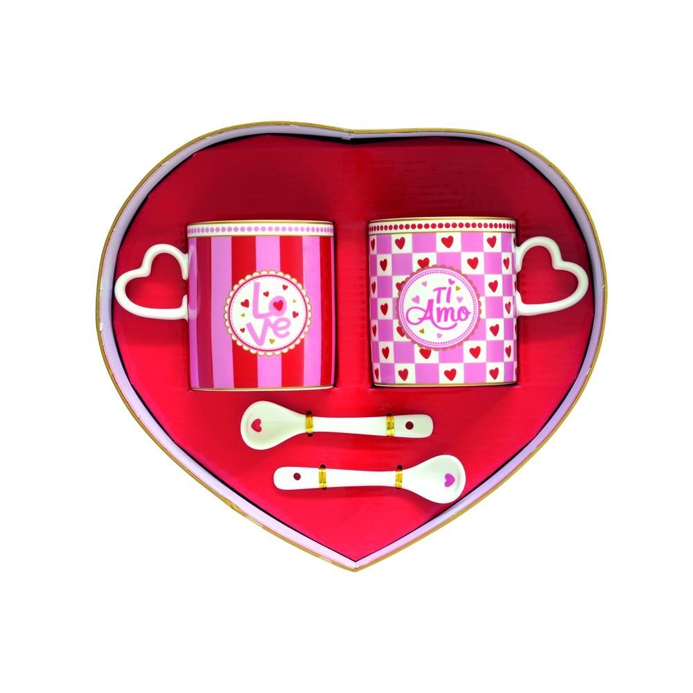 Set 2 Tazas Porcelana con Cucharas Caja Corazon Love Easy Life Imagen principal del producto