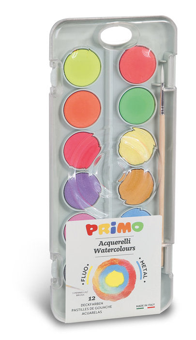 ACUARELA PRIMO 12 COLORES FLUOR Y METALICA 30 MM + 1 PINCEL | 1 UNIDADES | (PRIMO) Imagen principal del producto