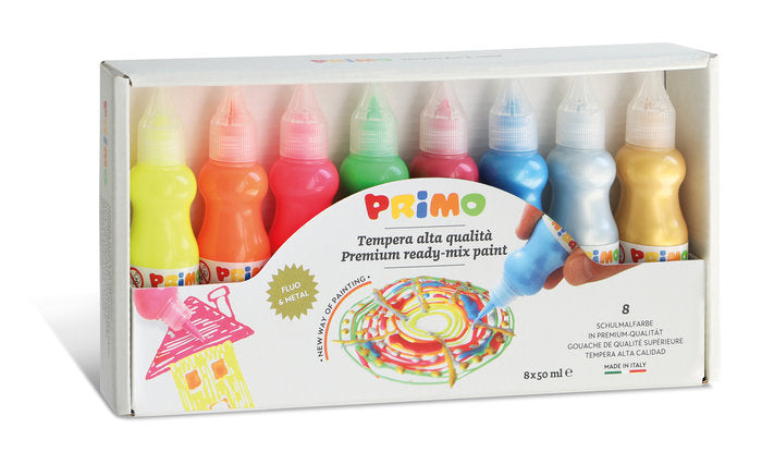 TEMPERA PREMEZCLADA 50 ML 4 FLUO + 4 METALICAS | 1 UNIDADES | (PRIMO) Imagen principal del producto