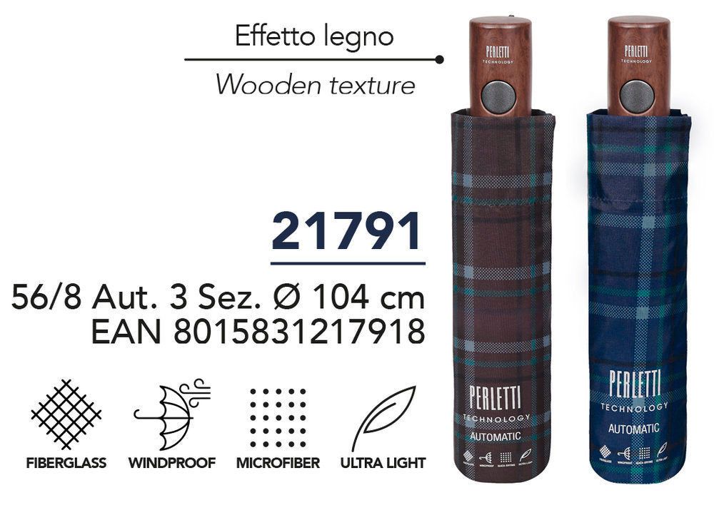 PARAGUAS HOMBRE PLEGABLE 56/8 AUTOMATICO ESCOCES | PERLETTI | 1 UNIDAD | 8015831217918