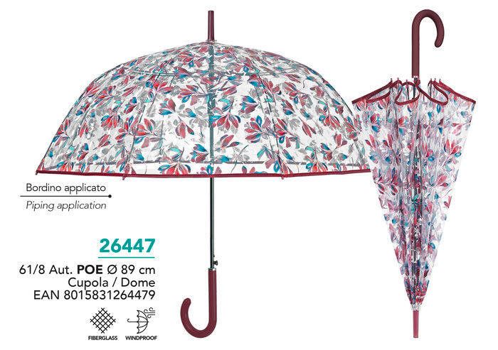 PARAGUAS MUJER 61/8 AUT, POE TRANSPARENTE CON FOLLAJE | PERLETTI | 1 UNIDAD | 8015831264479 Imagen principal del producto