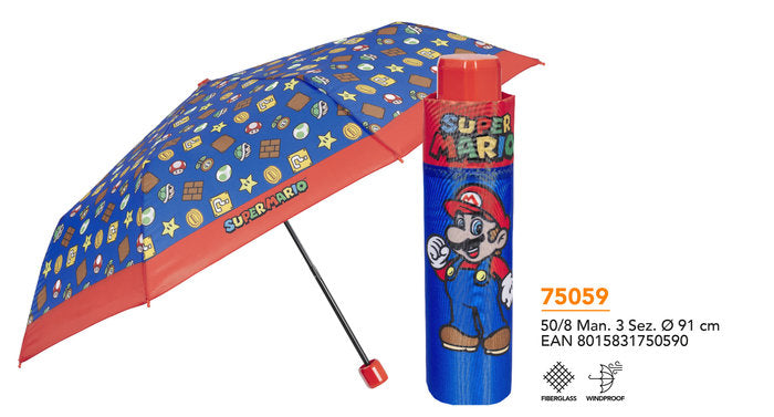 PARAGUAS INFANTIL PLEGABLE 50/8 MANUAL SUPER MARIO | PERLETTI | 1 UNIDAD | 8015831750590