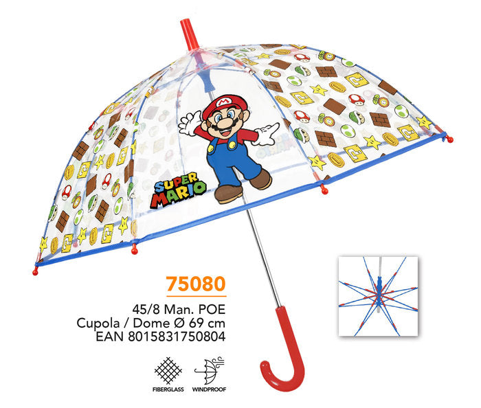 PARAGUAS INFANTIL 45/8 MAN, POE TRANSPARENTE SUPER MARIO | PERLETTI | 1 UNIDAD | 8015831750804 Imagen principal del producto