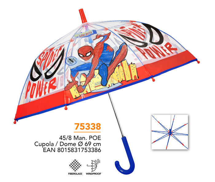 PARAGUAS INFANTIL 45/8 MAN, POE TRANSPARENTE SPIDERMAN | PERLETTI | 1 UNIDAD | 8015831753386 Imagen principal del producto