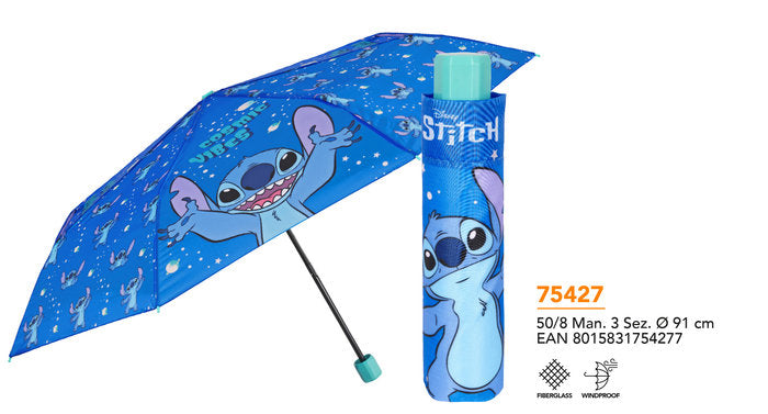 PARAGUAS INFANTIL MINI PLEGABLE 50/8 MAN, 3 SECT, LILO & STI | PERLETTI | 1 UNIDAD | 8015831754277 Imagen principal del producto