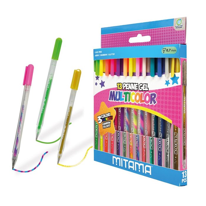 SET 13 BOLIGRAFOS DE GEL GLITTER, FLUOR Y ARCOIRIS | 1 UNIDADES | (MITAMA PAPELERIA BASICA)